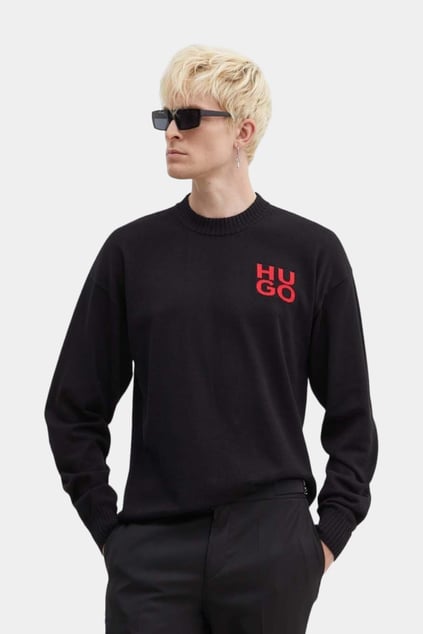 HUGO HUGO Erkek Bisiklet Yaka Regular Fit Marka Logolu Uzun Kollu Siyah Kazak 50516617-001