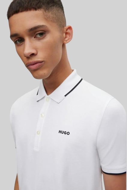 HUGO HUGO Erkek Kısa Kol  Polo Yaka Yaka Ve Kol Uçları Renkli Şerit Kapama Beyaz Polo Yaka T-Shirt 50467344-100