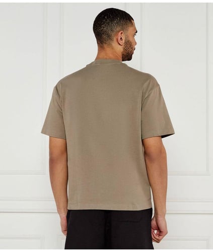 HUGO HUGO Erkek Oversize Büyük Logo İşlemeli Pamuklu Yuvarlak Yaka Kısa Kollu Bej T-Shirt 50525765-219