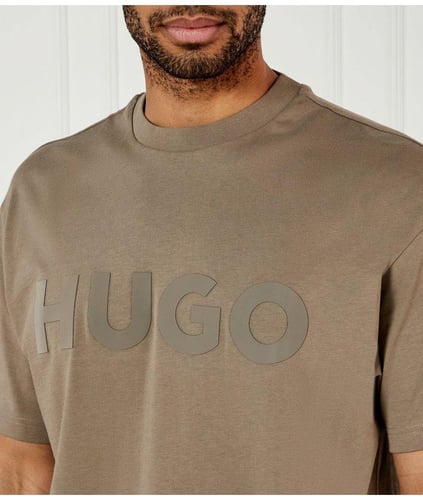 HUGO HUGO Erkek Oversize Büyük Logo İşlemeli Pamuklu Yuvarlak Yaka Kısa Kollu Bej T-Shirt 50525765-219