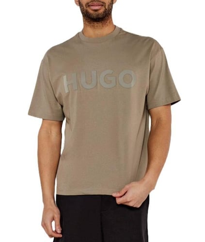 HUGO HUGO Erkek Oversize Büyük Logo İşlemeli Pamuklu Yuvarlak Yaka Kısa Kollu Bej T-Shirt 50525765-219
