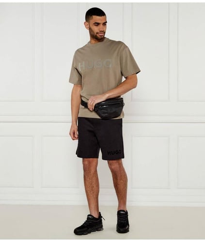 HUGO HUGO Erkek Oversize Büyük Logo İşlemeli Pamuklu Yuvarlak Yaka Kısa Kollu Bej T-Shirt 50525765-219