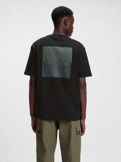 HUGO HUGO Erkek Rahat Kalıp Önü ve Arkası Logo Desenli Yuvarlak Yakalı %100 Pamuk Kısa Kollu Siyah T-Shirt 50542816-001