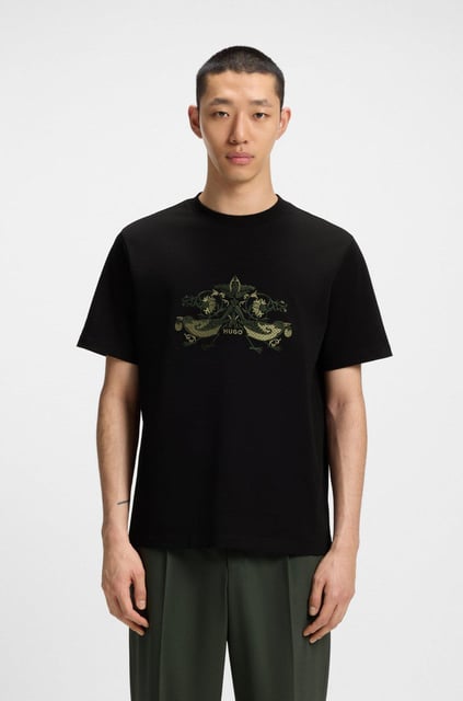 HUGO HUGO Erkek Rahat Kalıp Yuvarlak Yakalı %100 Pamuk İşleme Desenli Kısa Kollu Siyah T-Shirt 50544543-001