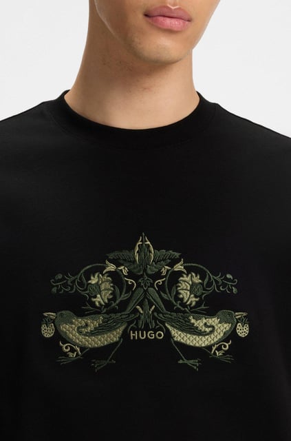 HUGO HUGO Erkek Rahat Kalıp Yuvarlak Yakalı %100 Pamuk İşleme Desenli Kısa Kollu Siyah T-Shirt 50544543-001