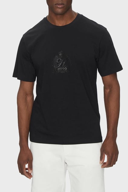 HUGO HUGO Erkek Regular Fit Göğüste İşlemeli Logo Desenli Yuvarlak Yaka Kısa Kollu Pamuklu Siyah T-Shirt 50538246-001