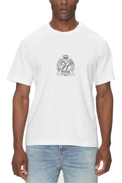 HUGO HUGO Erkek Regular Fit Göğüste İşlemeli Logo Desenli Yuvarlak Yaka Kısa Kollu Pamuklu Beyaz T-Shirt 50538246-100