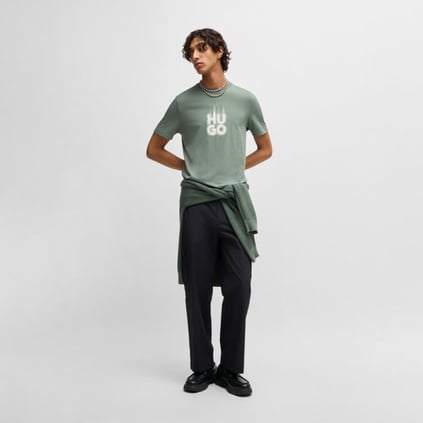 HUGO HUGO Erkek Regular Fit Yuvarlak Yaka Desenli Pamuklu Kısa Kollu Yeşil T-Shirt 50535363-343