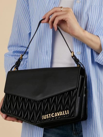 Just Cavalli Just Cavalli Kadın Gold Logolu Şerit Detaylı Metal Tokalı Siyah Omuz Çantası 77RA4BD3ZSB21-899