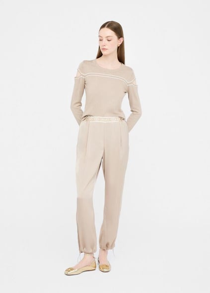 LIU JO Lıu Jo Kadın Beli ve Paçası Lastikli Pileli Normal Kalıp Bej Pantolon TF5192T004A-60906
