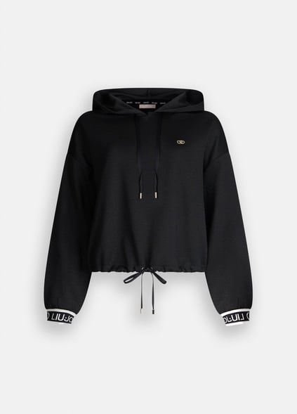 LIU JO Lıu Jo Kadın Düşük Omuzlu Normal Kalıp Beli İp Bağlamalı Kapüşonlu Uzun Kollu Siyah Sweatshirt TF5285J4747-R9342
