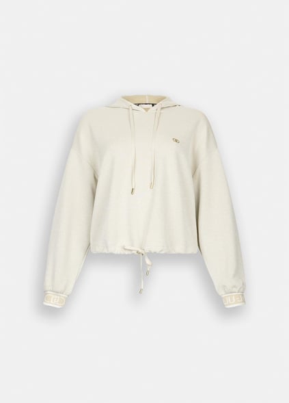 LIU JO Lıu Jo Kadın Düşük Omuzlu Normal Kalıp Beli İp Bağlamalı Kapüşonlu Uzun Kollu Ekru Sweatshirt TF5285J4747-A8586
