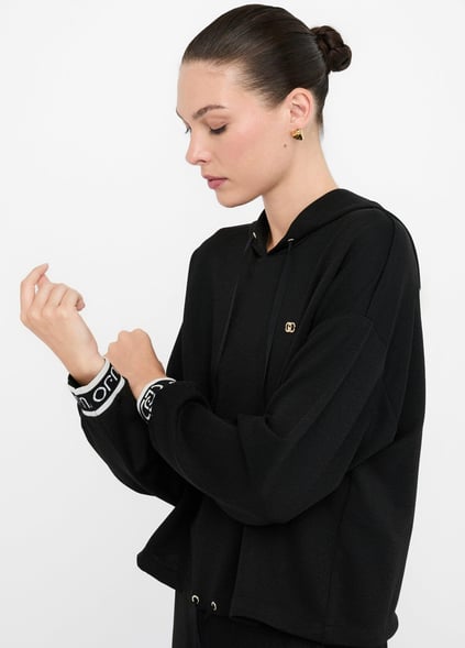 LIU JO Lıu Jo Kadın Düşük Omuzlu Normal Kalıp Beli İp Bağlamalı Kapüşonlu Uzun Kollu Siyah Sweatshirt TF5285J4747-R9342