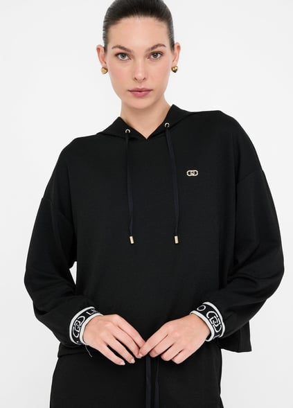 LIU JO Lıu Jo Kadın Düşük Omuzlu Normal Kalıp Beli İp Bağlamalı Kapüşonlu Uzun Kollu Siyah Sweatshirt TF5285J4747-R9342