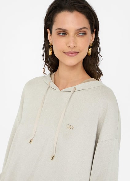 LIU JO Lıu Jo Kadın Düşük Omuzlu Normal Kalıp Beli İp Bağlamalı Kapüşonlu Uzun Kollu Ekru Sweatshirt TF5285J4747-A8586