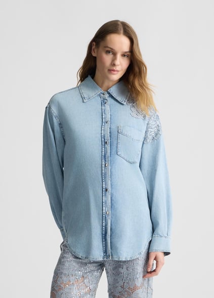 LIU JO Lıu Jo Kadın Gömlek Yaka Omuz Kısmı Taş İşlemeli Uzun Kol Denim Kumaş Lacivert Gömlek UA5128D4851-78826