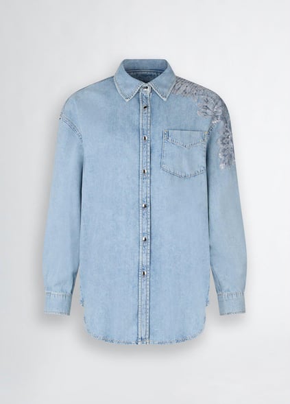 LIU JO Lıu Jo Kadın Gömlek Yaka Omuz Kısmı Taş İşlemeli Uzun Kol Denim Kumaş Lacivert Gömlek UA5128D4851-78826