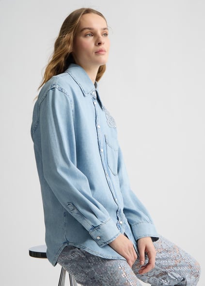 LIU JO Lıu Jo Kadın Gömlek Yaka Omuz Kısmı Taş İşlemeli Uzun Kol Denim Kumaş Lacivert Gömlek UA5128D4851-78826