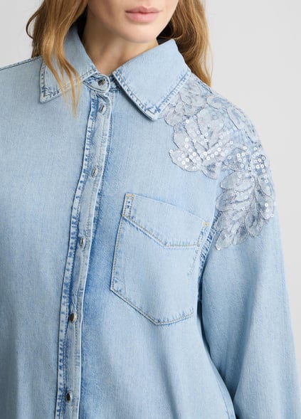 LIU JO Lıu Jo Kadın Gömlek Yaka Omuz Kısmı Taş İşlemeli Uzun Kol Denim Kumaş Lacivert Gömlek UA5128D4851-78826