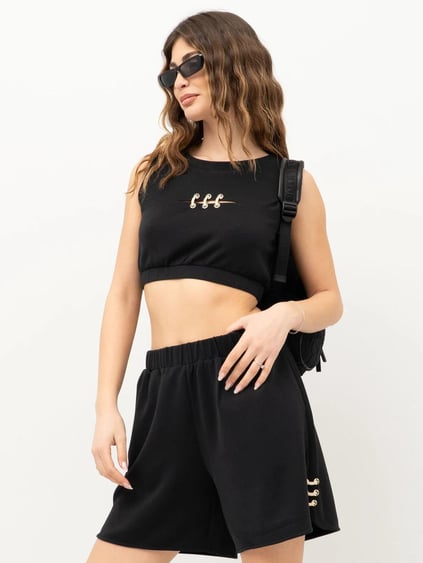LIU JO Lıu Jo Kadın Kısa Kollu Crop Boy Yuvarlak Yaka Üçlü İp Geçme Detay Siyah Bluz TA5270J4869-22222
