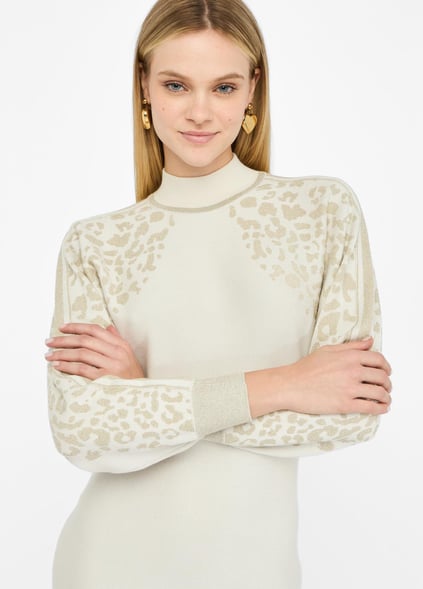 Liu Jo Lıu Jo Kadın Kolları Desenli Balıkçı Yaka Örme Mini Ekru Elbise TF5176MS49I-A4351