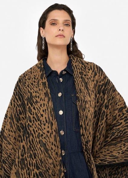 LIU JO Lıu Jo Kadın Leopar Desenli Uçları Püsküllü Kahverengi Panço 2F5032T0300-S19E1