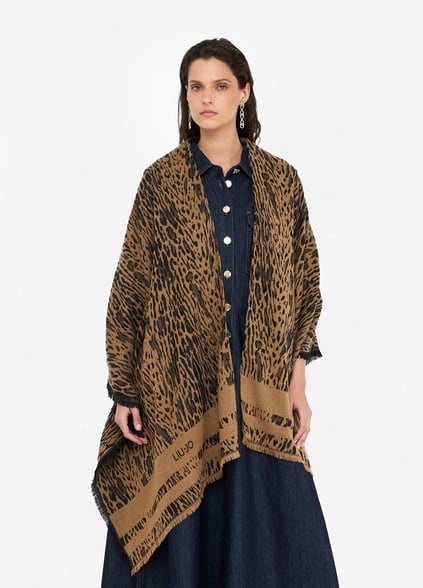 LIU JO Lıu Jo Kadın Leopar Desenli Uçları Püsküllü Kahverengi Panço 2F5032T0300-S19E1