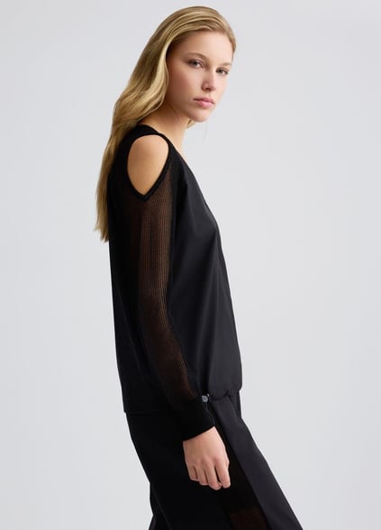 LIU JO Lıu Jo Kadın Normal Kalıp Beli Lastikli V Yaka Omzu Açık Kolları Tül Detaylı Siyah Sweatshirt TA5070T2900-22222