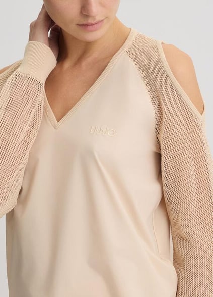 LIU JO Lıu Jo Kadın Normal Kalıp Beli Lastikli V Yaka Omzu Açık Kolları Tül Detaylı Bej Sweatshirt TA5070T2900-41209