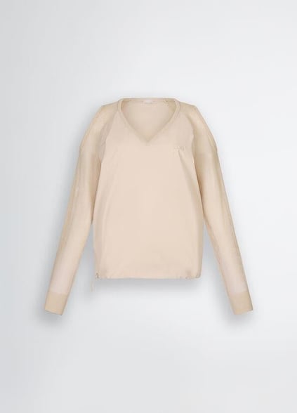 LIU JO Lıu Jo Kadın Normal Kalıp Beli Lastikli V Yaka Omzu Açık Kolları Tül Detaylı Bej Sweatshirt TA5070T2900-41209