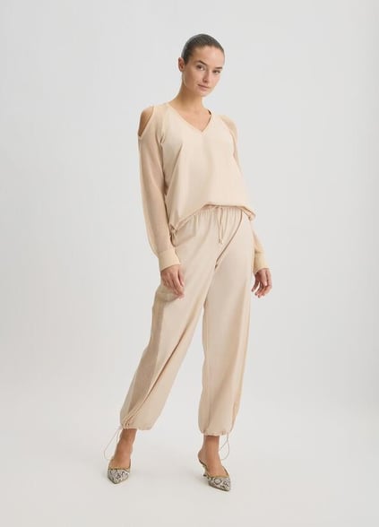 LIU JO Lıu Jo Kadın Normal Kalıp Beli Lastikli V Yaka Omzu Açık Kolları Tül Detaylı Bej Sweatshirt TA5070T2900-41209