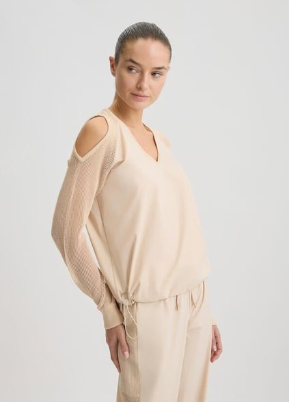 LIU JO Lıu Jo Kadın Normal Kalıp Beli Lastikli V Yaka Omzu Açık Kolları Tül Detaylı Bej Sweatshirt TA5070T2900-41209