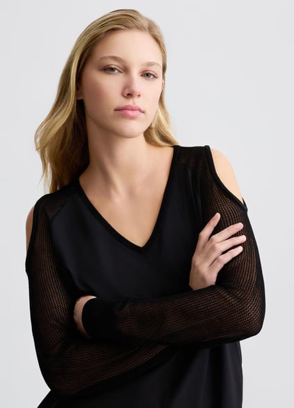 LIU JO Lıu Jo Kadın Normal Kalıp Beli Lastikli V Yaka Omzu Açık Kolları Tül Detaylı Siyah Sweatshirt TA5070T2900-22222