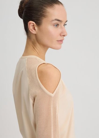 LIU JO Lıu Jo Kadın Normal Kalıp Beli Lastikli V Yaka Omzu Açık Kolları Tül Detaylı Bej Sweatshirt TA5070T2900-41209