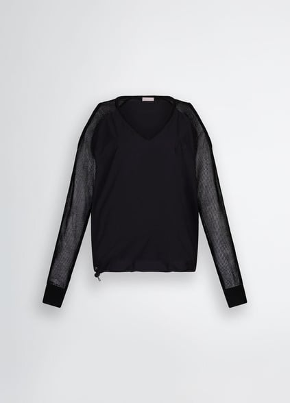 LIU JO Lıu Jo Kadın Normal Kalıp Beli Lastikli V Yaka Omzu Açık Kolları Tül Detaylı Siyah Sweatshirt TA5070T2900-22222
