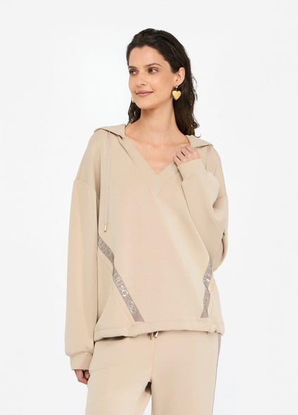 LIU JO Lıu Jo Kadın Normal Kalıp Kapüşonlu V Yaka Logo Şeritli Uzun Kollu Bej Sweatshirt TF5091J4616-60906