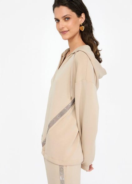 LIU JO Lıu Jo Kadın Normal Kalıp Kapüşonlu V Yaka Logo Şeritli Uzun Kollu Bej Sweatshirt TF5091J4616-60906