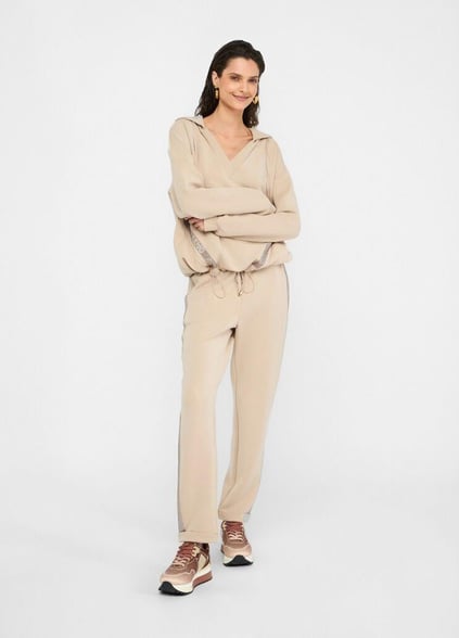 LIU JO Lıu Jo Kadın Normal Kalıp Kapüşonlu V Yaka Logo Şeritli Uzun Kollu Bej Sweatshirt TF5091J4616-60906