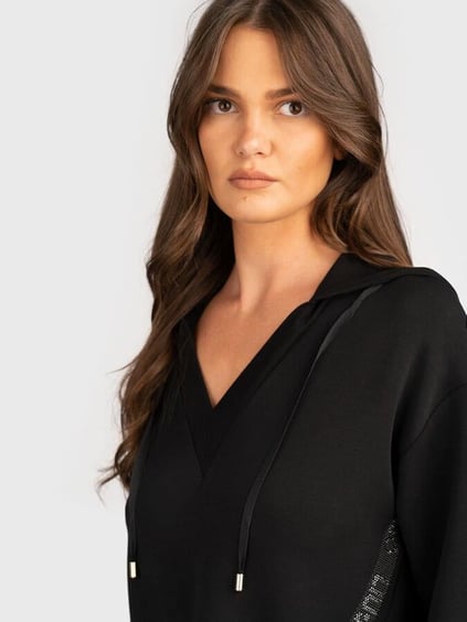 Liu Jo Lıu Jo Kadın Normal Kalıp Kapüşonlu V Yaka Logo Şeritli Uzun Kollu Siyah Sweatshirt TF5091J4616-22222