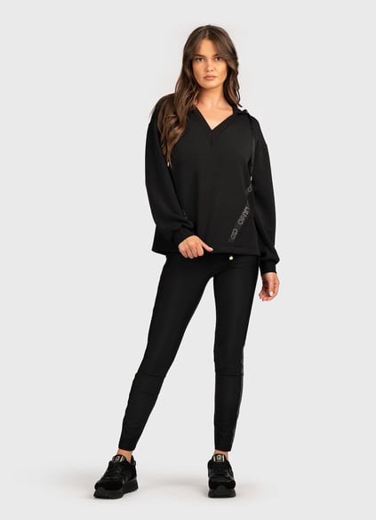 Liu Jo Lıu Jo Kadın Normal Kalıp Kapüşonlu V Yaka Logo Şeritli Uzun Kollu Siyah Sweatshirt TF5091J4616-22222