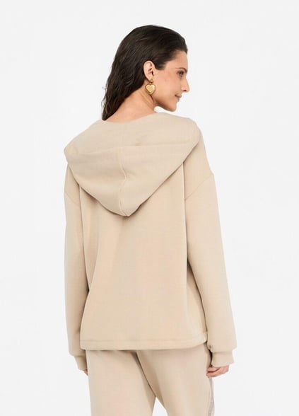 LIU JO Lıu Jo Kadın Normal Kalıp Kapüşonlu V Yaka Logo Şeritli Uzun Kollu Bej Sweatshirt TF5091J4616-60906