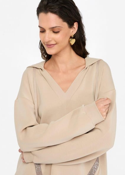 LIU JO Lıu Jo Kadın Normal Kalıp Kapüşonlu V Yaka Logo Şeritli Uzun Kollu Bej Sweatshirt TF5091J4616-60906