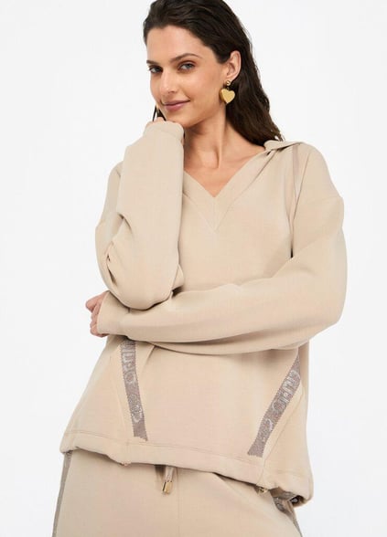 LIU JO Lıu Jo Kadın Normal Kalıp Kapüşonlu V Yaka Logo Şeritli Uzun Kollu Bej Sweatshirt TF5091J4616-60906