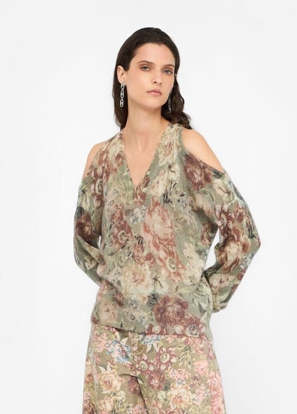 Liu Jo Lıu Jo Kadın Normal Kalıp Pastel Efektli Çiçek Desenli Uzun Kollu V Yaka Örme Çok Renkli Hırka MF5242MA17R-P9016