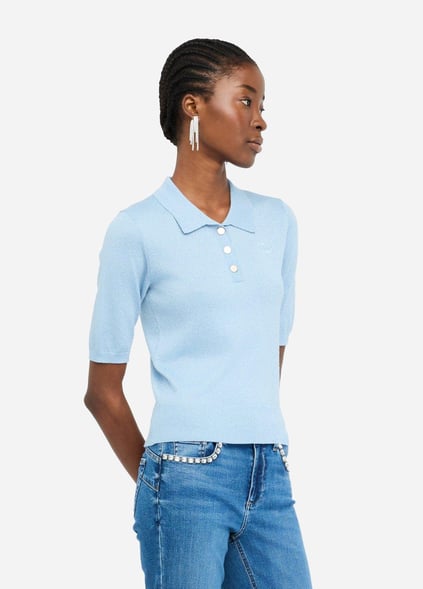 LIU JO Lıu Jo Kadın Normal Kalıp Polo Yaka Kısa Kollu Örme Mavi Polo Yaka T-Shirt UF5278MA76Q-A4075