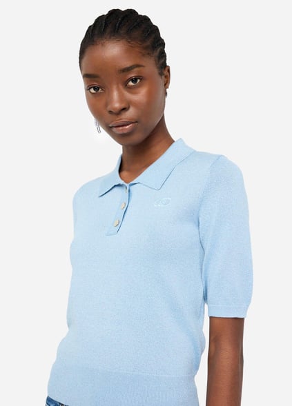LIU JO Lıu Jo Kadın Normal Kalıp Polo Yaka Kısa Kollu Örme Mavi Polo Yaka T-Shirt UF5278MA76Q-A4075