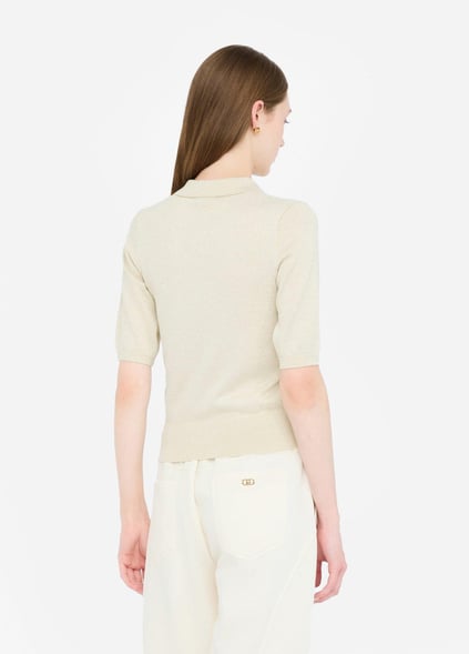 LIU JO Lıu Jo Kadın Normal Kalıp Polo Yaka Kısa Kollu Örme Ekru Polo Yaka T-Shirt UF5278MA76Q-04120