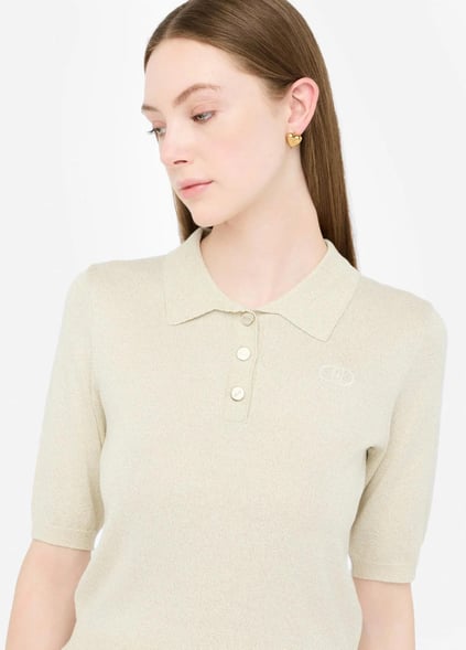 LIU JO Lıu Jo Kadın Normal Kalıp Polo Yaka Kısa Kollu Örme Ekru Polo Yaka T-Shirt UF5278MA76Q-04120
