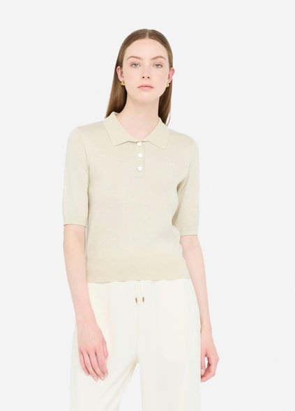 LIU JO Lıu Jo Kadın Normal Kalıp Polo Yaka Kısa Kollu Örme Ekru Polo Yaka T-Shirt UF5278MA76Q-04120