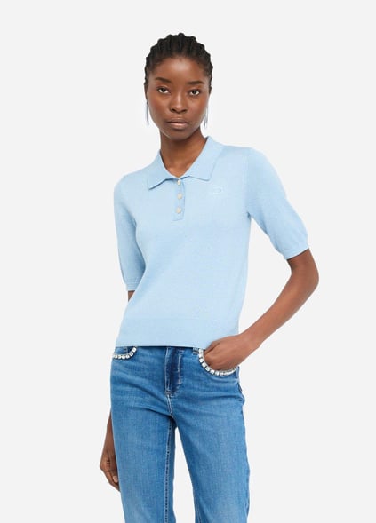 LIU JO Lıu Jo Kadın Normal Kalıp Polo Yaka Kısa Kollu Örme Mavi Polo Yaka T-Shirt UF5278MA76Q-A4075